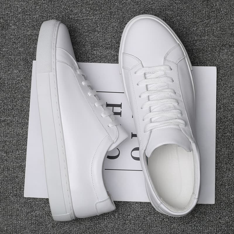 European Style Men's Genuine Leather Casual Thick Sole White Sneakers Korean Fashion Versatile White Shoes