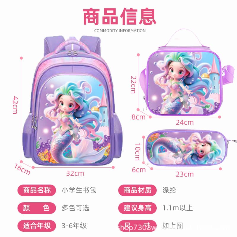 New Cute Elementary Student Trolley Backpack for Grades 3-6, Cartoon 3-Piece Set, Two-Wheel or Six-Wheel Kids School Bag, In Stock