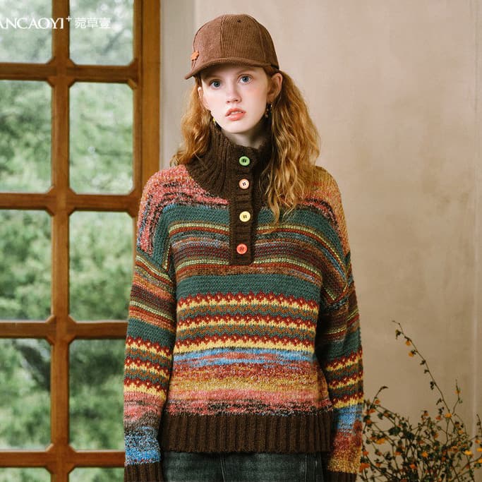 Official image 2025 winter Fair Isle stripe wool sweater retro dopamine pullover high neck knit top for women.
