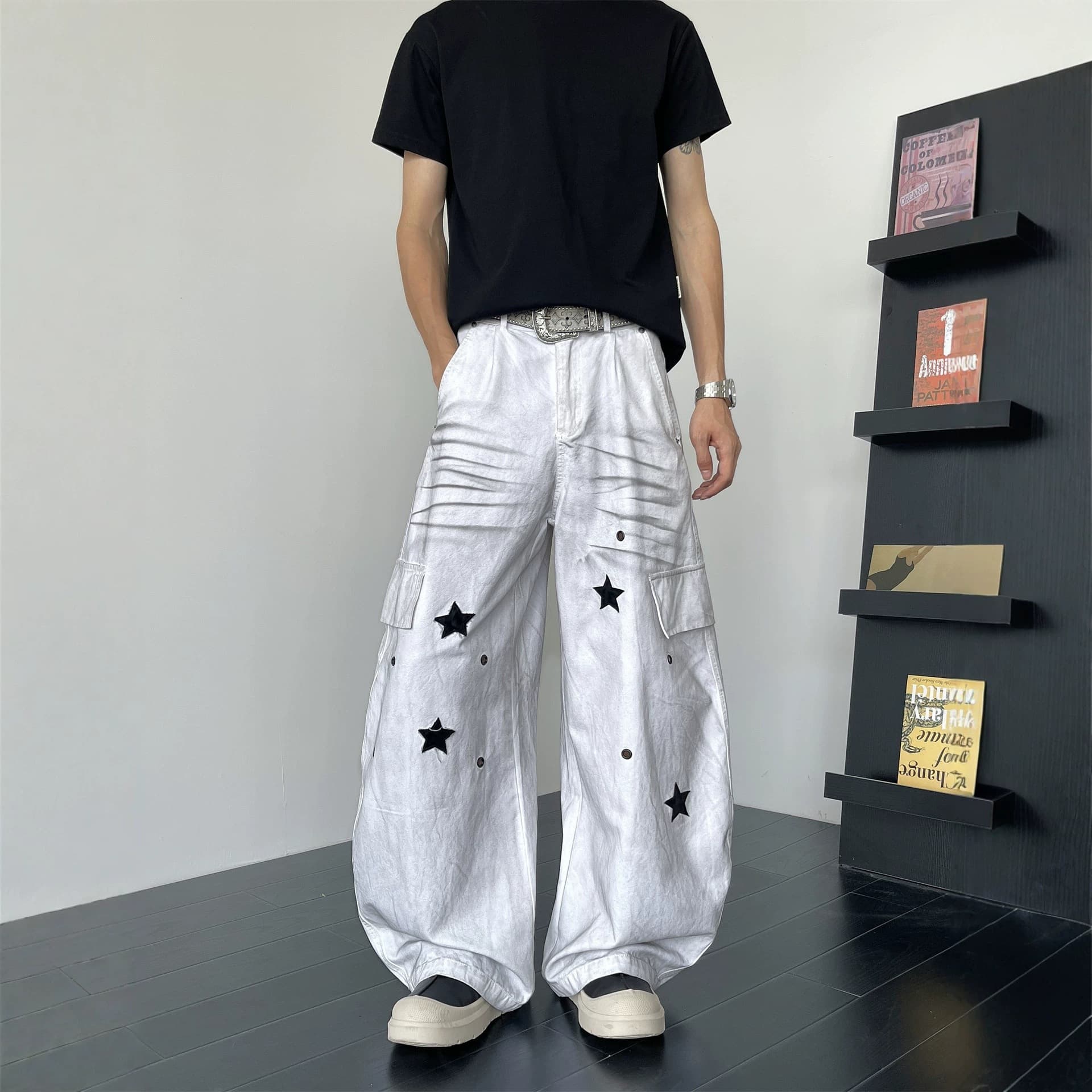 Distressed Star Print Cargo Jeans for Men Summer American Street Style Loose Vintage Relaxed Wide Leg Long Pants