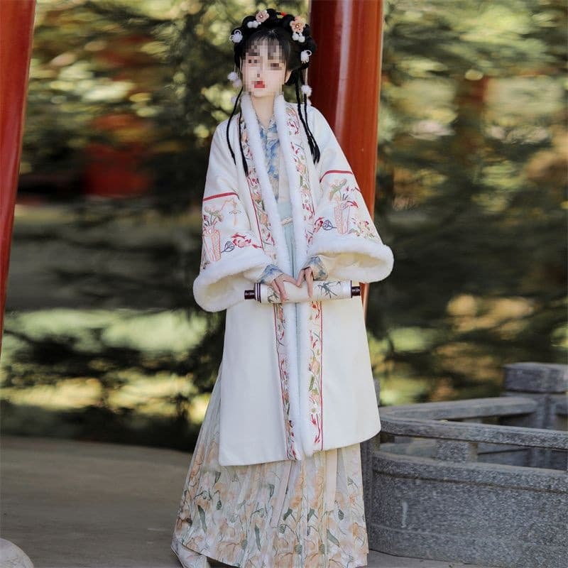 Original Xizhou Song Winter Song Dynasty Hanfu Women's Duijin Heavy Embroidery Long Jacket Cross-Collar Pleated Daily Fleece-Lined Set