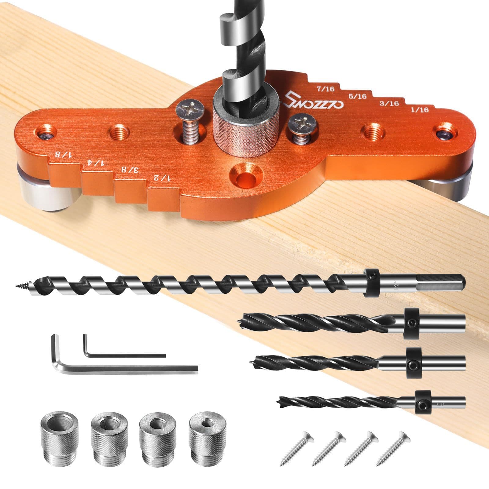 Woodworking Drilling Jig, 2-in-1 Wood Board Drilling and Scribing Tool, Dowel Joinery, Imperial Marking Gauge