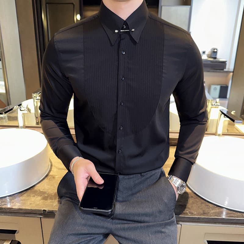 High-Quality Stylish Men's Long-Sleeve Shirt with Metal Collar Decoration Design, Men's Long-Sleeve Dress Shirt