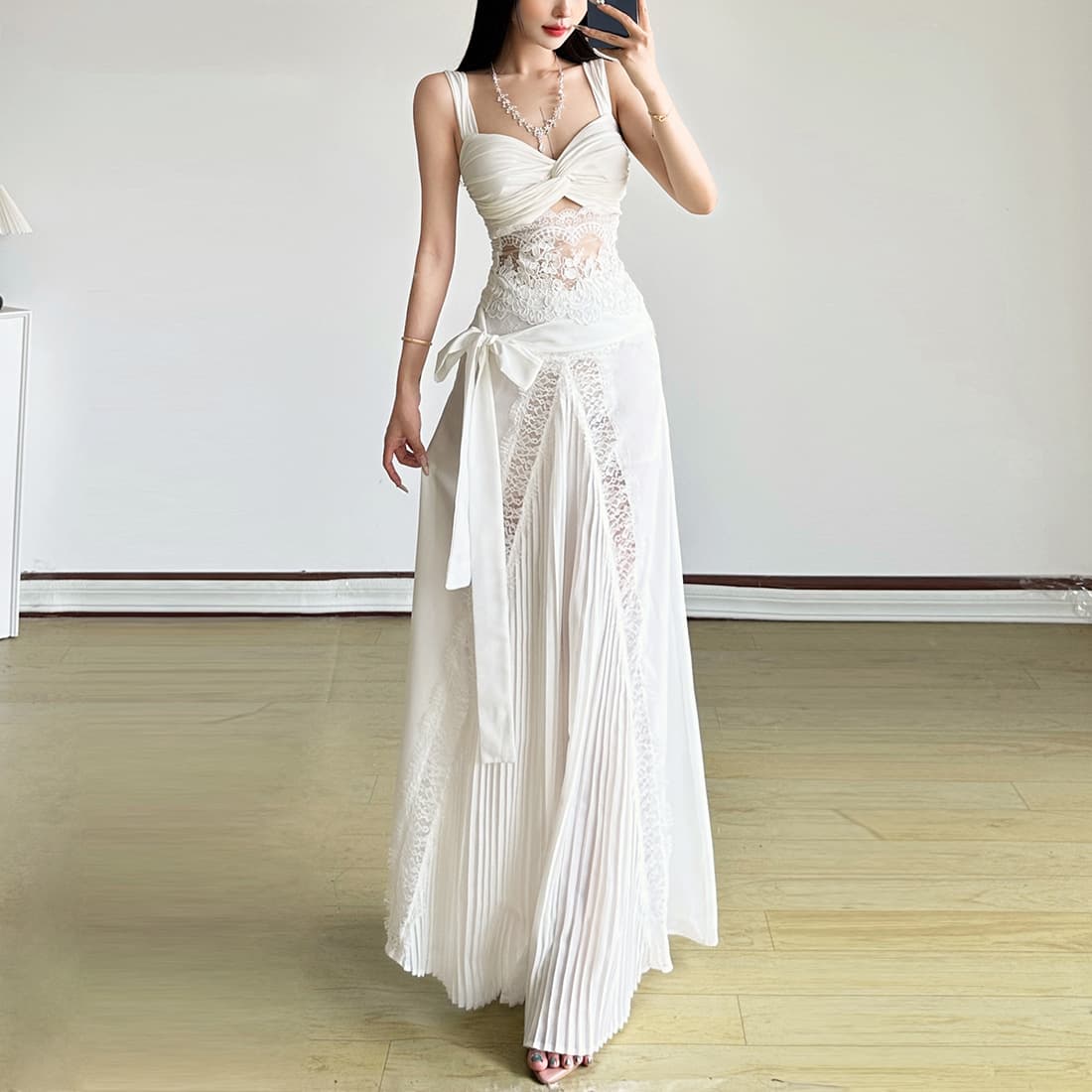 Cross-border European and American Style 2025 Autumn New Women's Sexy Lace Camisole Cross Pleated Vest Long Skirt Half Skirt