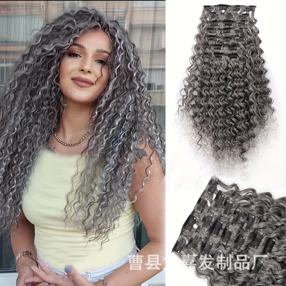 European and American wigs for women with long hair extensions light gray small curly wavy clip wig piece wig piece hair extensions can be extended