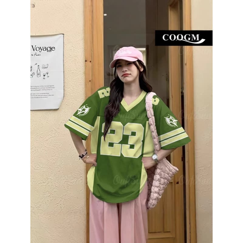 American High Street Casual Baseball Collar Contrast Color Short Sleeve Long Sleeve T-Shirt for Women, Loose Printed Half Sleeve Top for Summer