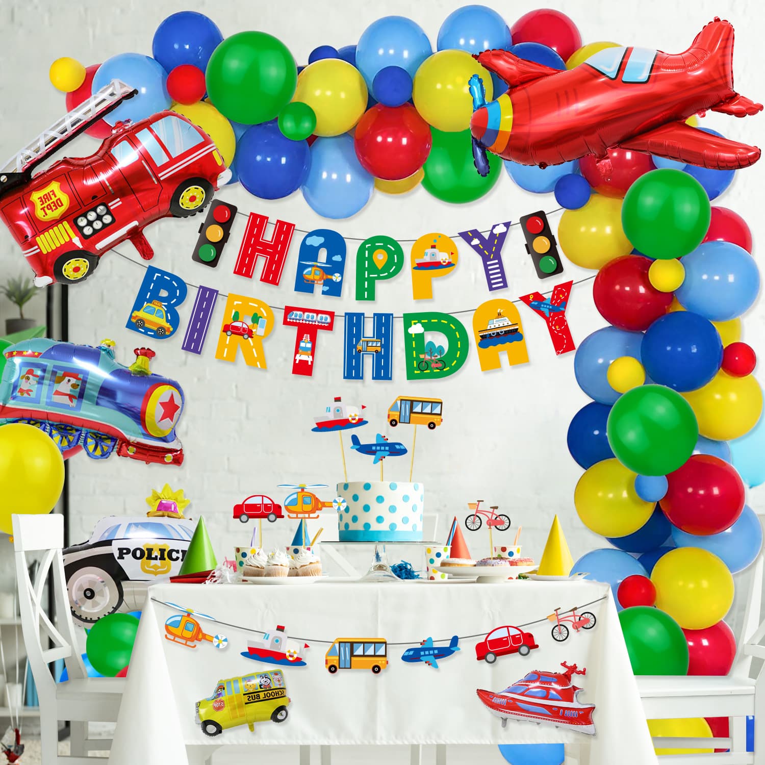Cross-border transportation birthday theme set balloon chain party decoration cake insert cartoon birthday flag