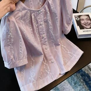 French Purple Short Sleeve Shirt for Women, 2026 Summer New Round Neck Fashion Versatile Embroidered Blouse Stylish Top