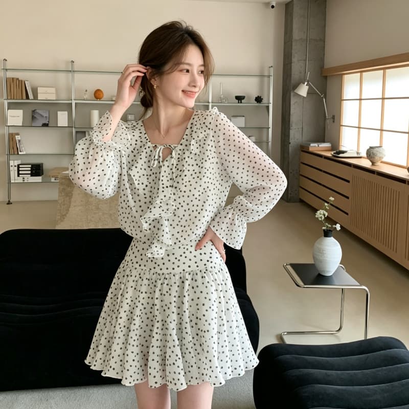 2026 new early autumn French polka dot ruffled long-sleeved dress spring and summer white v-neck slimming short skirt