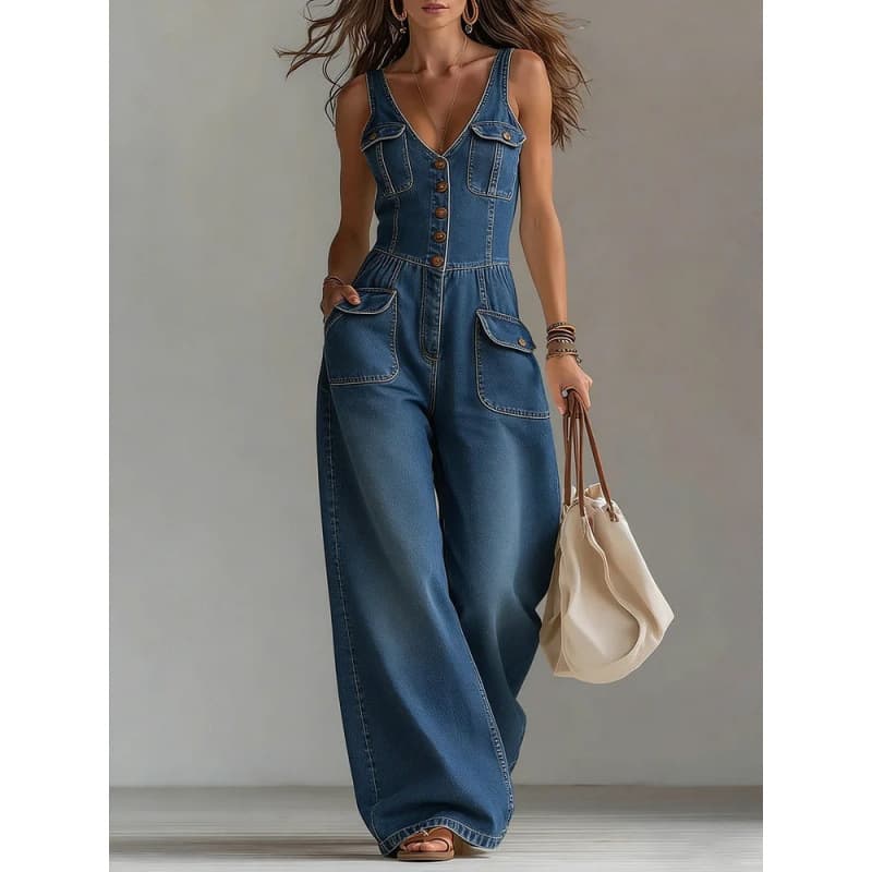 2026 Export European and American Cross-border Tight Waist Washed Denim Jumpsuit Straight Loose Sleeveless Bib Overalls