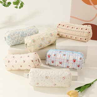 Beige Luggage Quilted Cotton Pencil Case Makeup Brush Travel Organizer Small Floral Print Portable Cute Ins Style Bag
