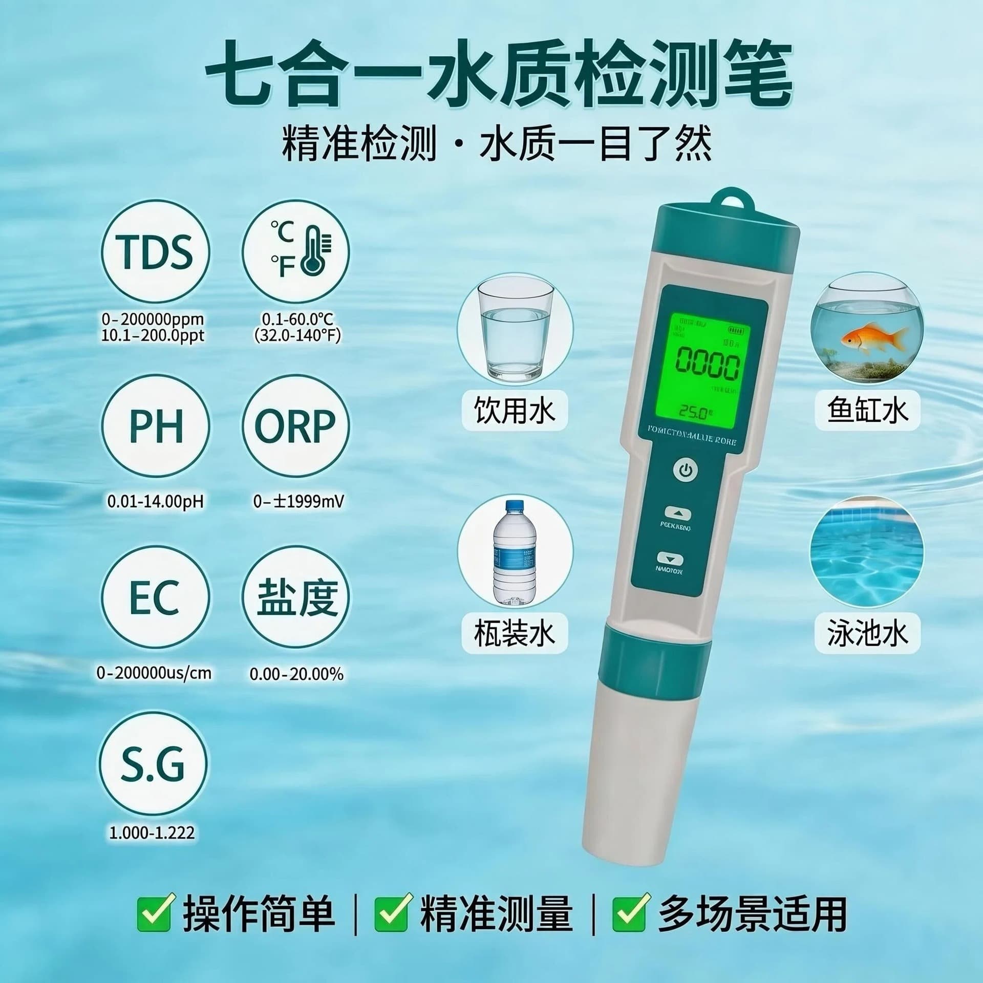 Seven-In-One Water Quality Testing Pen for Measuring pH/TDS/Temp/EC/Salinity/SG/ORP