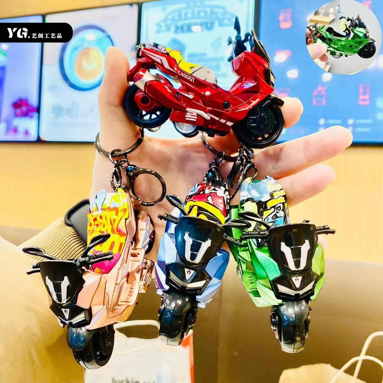 Cool Flame Motorcycle Alloy Car Model Toy Mini Cartoon Keychain Claw Machine Toy Gift