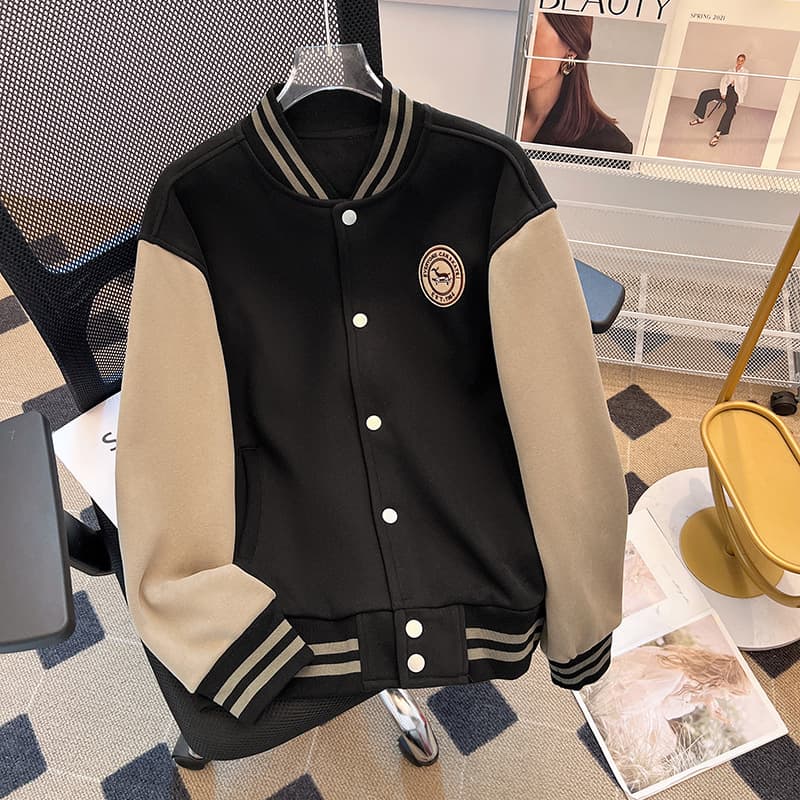 Black Fleece American Retro Baseball Jacket for Women, Plus Size Autumn/Winter New Style Loose Casual Versatile Thick Jacket