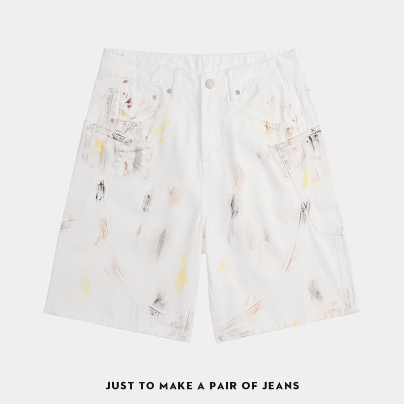 Heavyweight, loose-fitting curved mid-length shorts, niche graffiti-print fashionable and luxurious white denim trousers