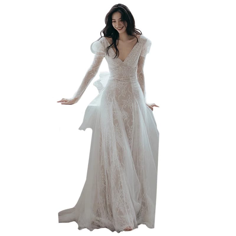 Long-Sleeve French Light Wedding Dress 2026 Summer New Lace V-Neck Going-Away Gown Bride Reception Ceremony Dress