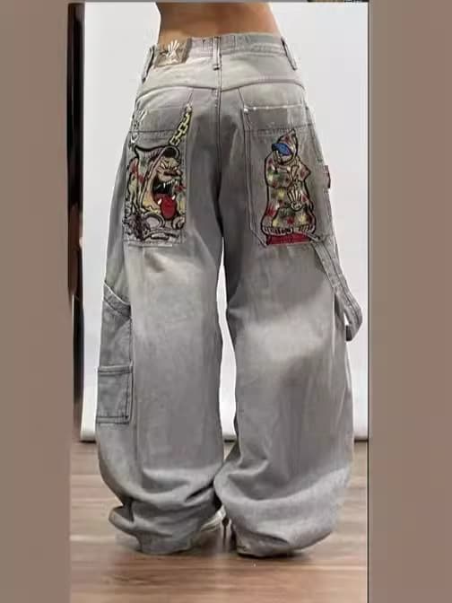 Cross-Border E-commerce Y2K Gothic Style Jeans Men American High Street Personality Pattern Loose Straight Wide Leg Jeans