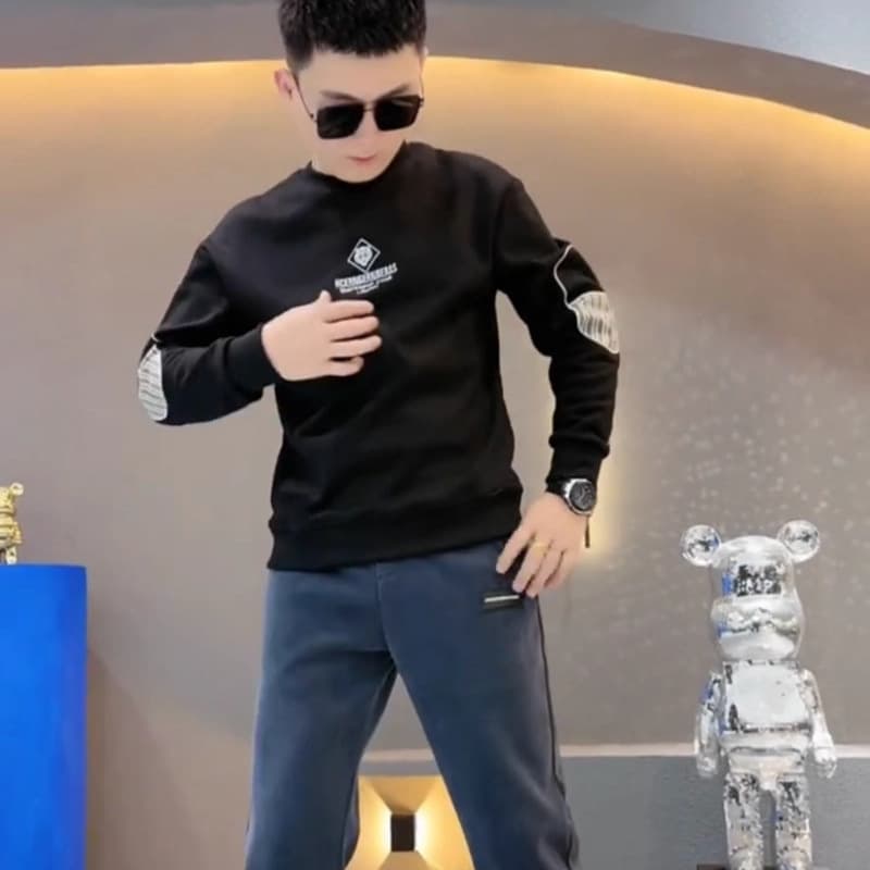 2025 Fall/Winter New Men's Trendy Crewneck Sweatshirt Fashionable Youth Versatile Casual Fleece-Lined Slim-Fit Long-Sleeve Top