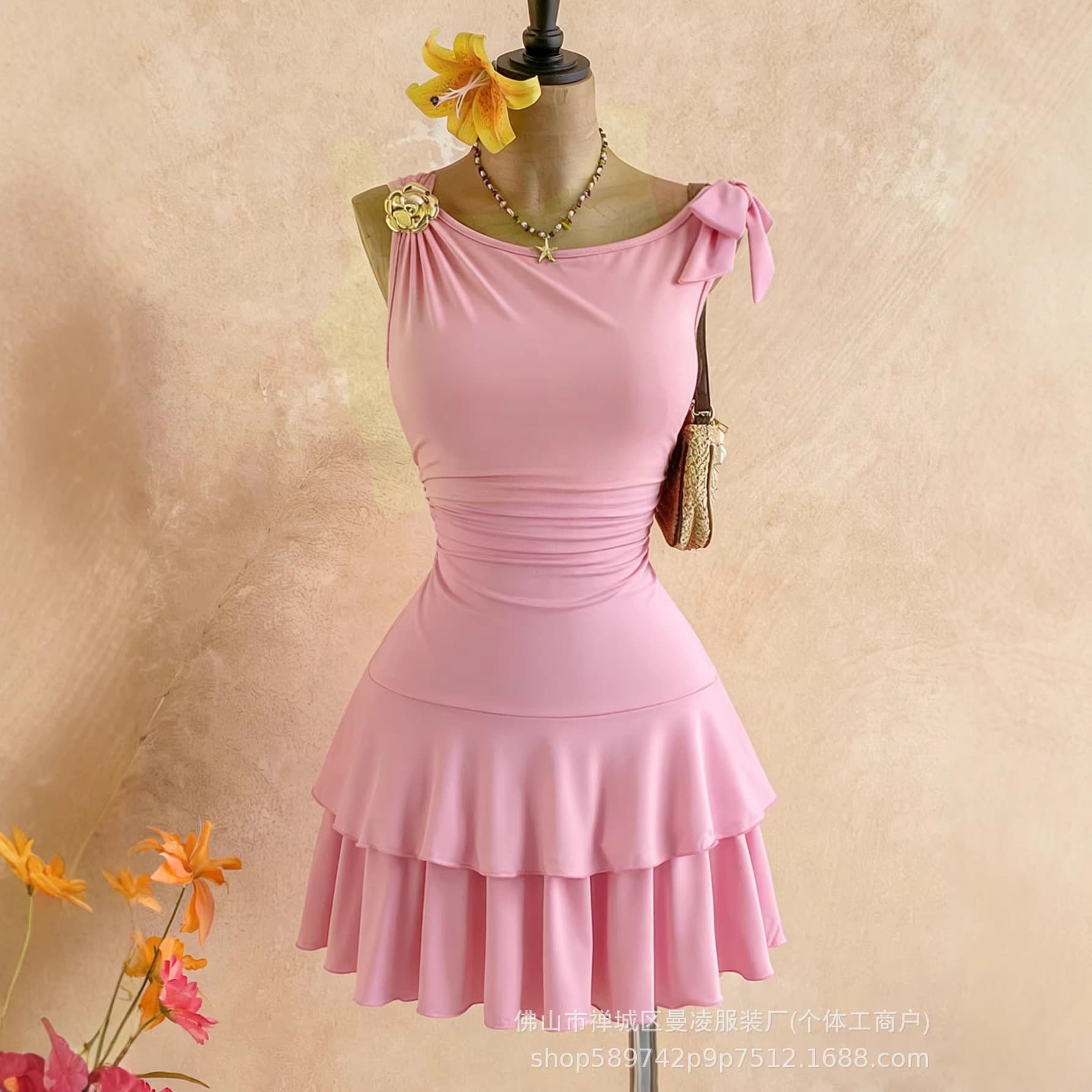 Amazon Cross-Border Trade Women's and Teen Girls' Summer Vacation Style Dress Off-Shoulder Waist-Cinching Ruffle Tiered Dress