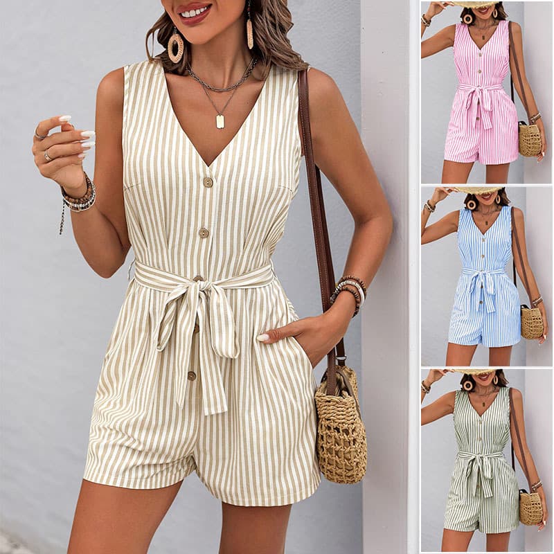 Amazon Independent Station 2025 Summer New European and American Jumpsuit Cross-border V-neck Sleeveless Striped Jumpsuit Shorts
