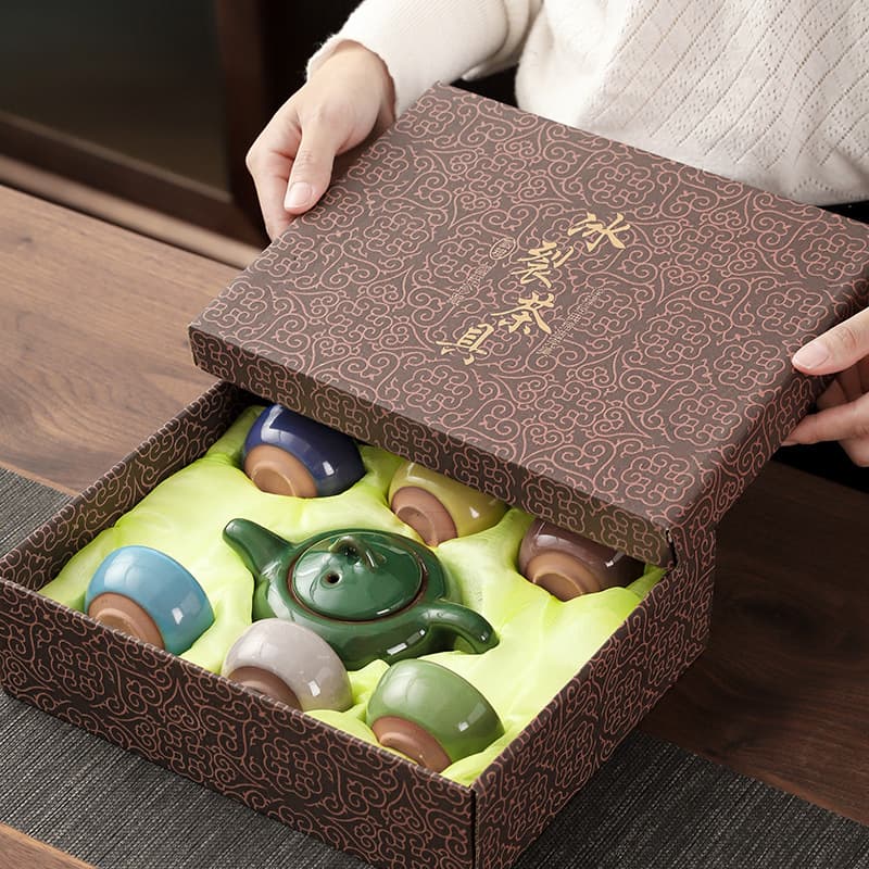 Cracked Ice Gongfu Tea Set Gift Box Complete Set Ceramic Tea Pot One Pot Six Cups Business Event Gift Affordable and Practical
