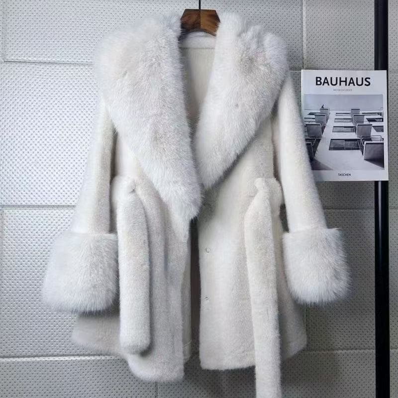 2025 Autumn/Winter New Premium Fur Collar Winter Fox Fur Waist-Nipped Stylish Thick Leather Fashion Coat for Cross-Border
