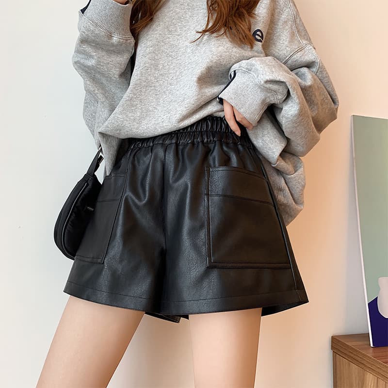 PU Leather Shorts for Women, 2024 Autumn/Winter New Style, Plus Size Casual Pants, Loose Wide-Leg Slimming High-Waist Bootcut Pants