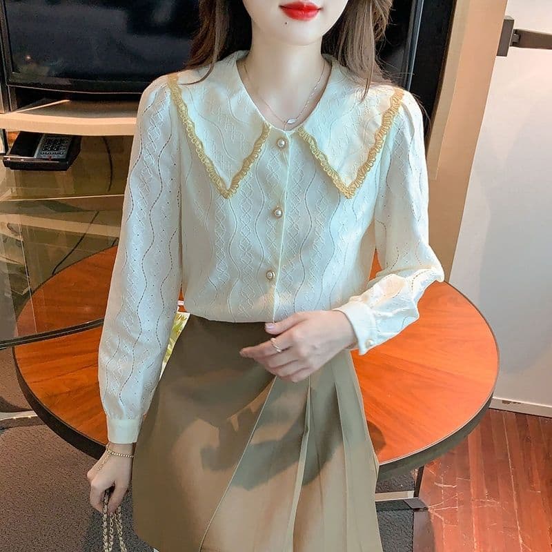 Women's Doll Collar Chiffon Blouse Spring Autumn 2025 New Fashionable Lace Layering Top
