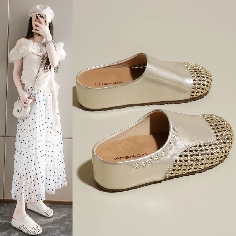 Low-profile Platform Mules for Women, Spring/Summer Outdoor Woven Hollow Breathable Thick Sole Sandals to Match Dresses