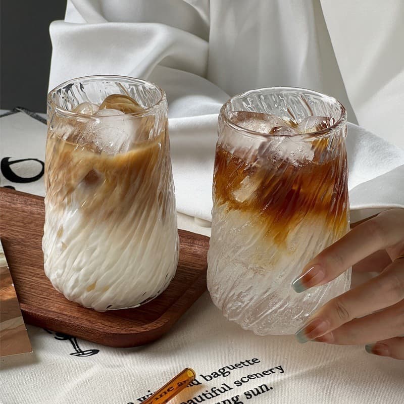Household High Borosilicate Coffee Cup, Large Capacity Iced American Latte Cup, Transparent Bark-Patterned Glass Cold Drink Cup