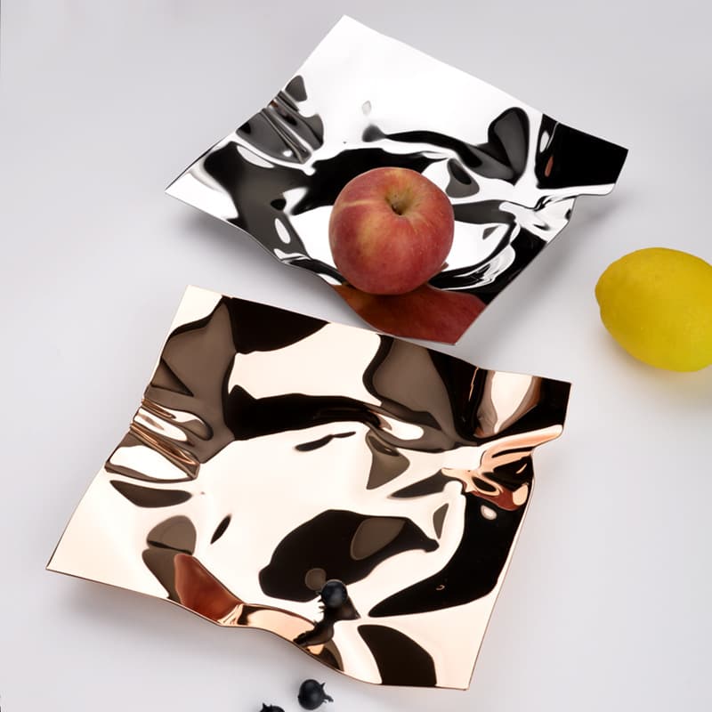 European Creative Style Irregular Snack Fruit Plate Coffee Table High-end Stainless Steel Fruit Plate Living Room Wave Pattern Decorative Fruit Plate