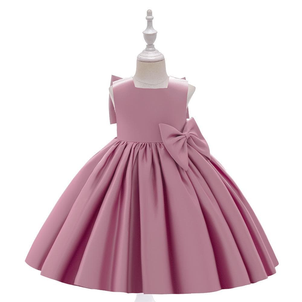 Girls' Satin Dress Korean Style Performance Host Gown with Large Bowtie Princess Style Children's Clothing for Ages 3-8