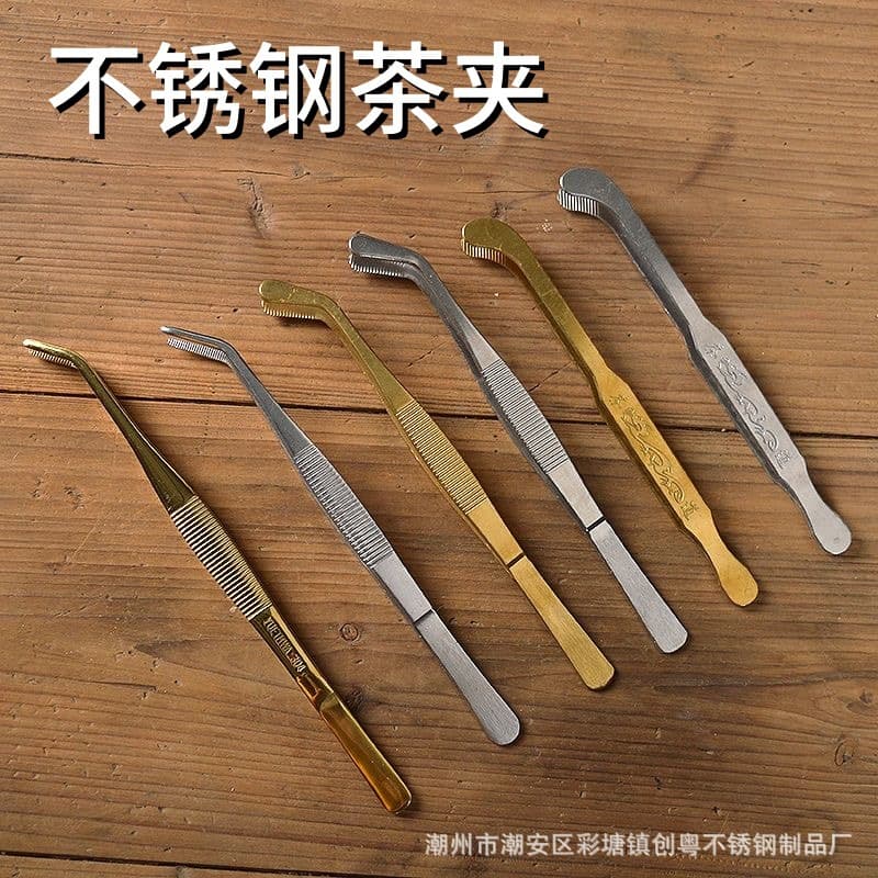 Titanium-plated stainless steel tea tongs for home use in cup washing, thickened tweezers from Gongfu tea set manufacturers for wholesale.