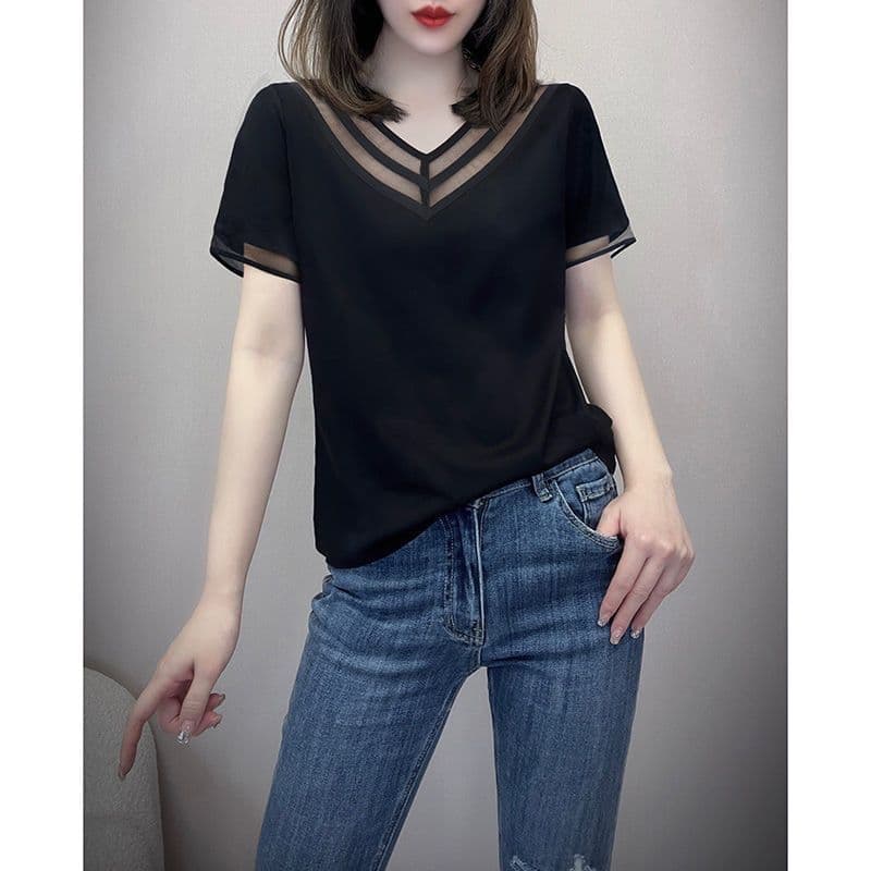Chubby Girl Plus Size 300kg Summer Black V-Neck Mesh Stitching Short Sleeve T-Shirt Women's Belly Covering Age-Reducing Undershirt