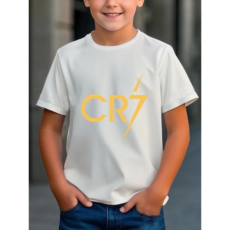 EU Size Cross-Border Cotton Boys' CR7 Graphic T-Shirt - Navy Blue Soccer Tee w