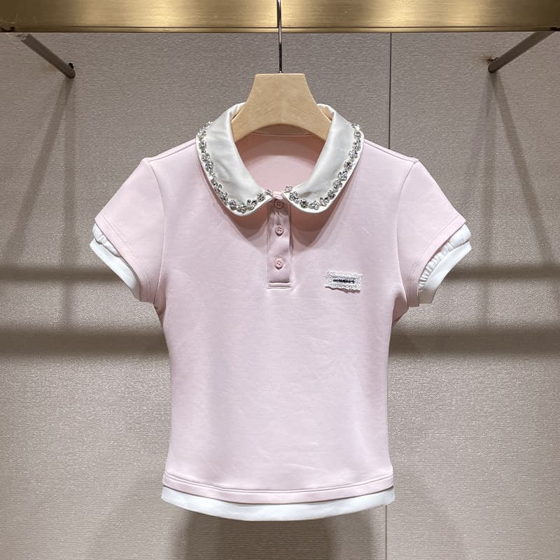 2026 Summer New Slim Fit Rhinestone Short Sleeve T-Shirt for Women, Pink Youthful Unique Top