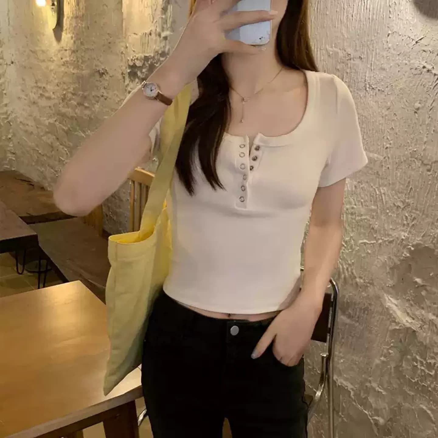 Summer 40 count pure cotton 210g half-open U-neck sweet and cool short-sleeved T-shirt slimming basic versatile top