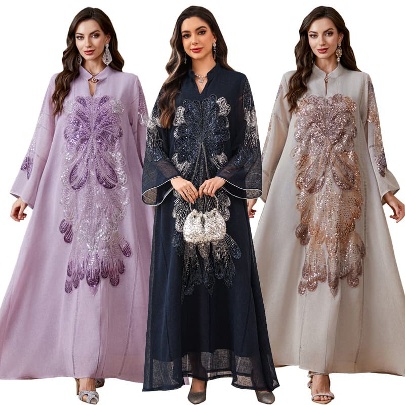 AB558 Jalabiya Cross-Border Light Luxury Beaded Robe V-Neck Loose Slimming Dress Fashion Evening Gown
