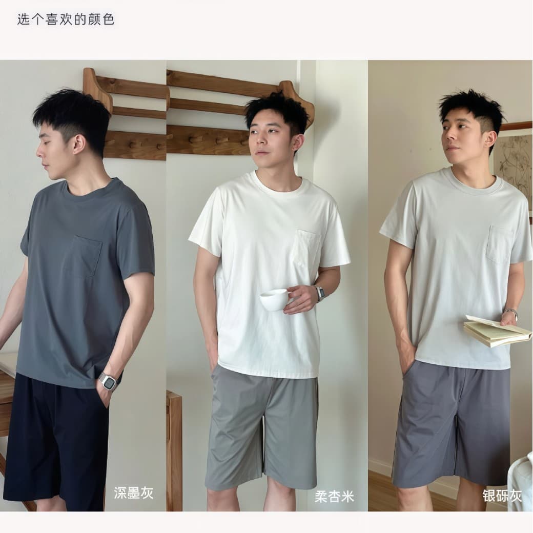 Bu Xiao Diao Z072# Men's Summer Round Neck Sleepwear Set Contrast Color Short Sleeve Shorts Cotton Pajamas