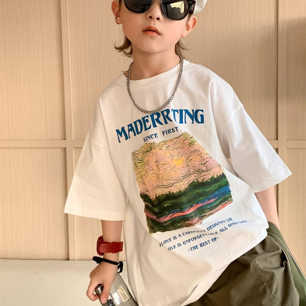 Children's clothing boys' short-sleeved T-shirts 2023 new medium and large children's summer children's style loose tops girls' summer clothing trend