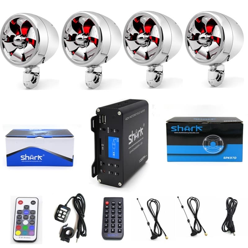 SHARK Motorcycle Audio 4-Channel High Power LCD Display USB SD FM Bluetooth 12V Speaker