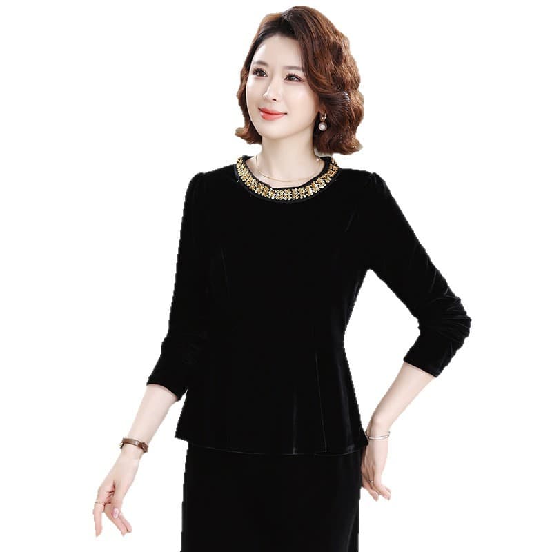 Middle-Aged and Elderly Women's T-Shirt Base Layer, Flattering Plus Size Slimming Velvet Blouse for Mothers