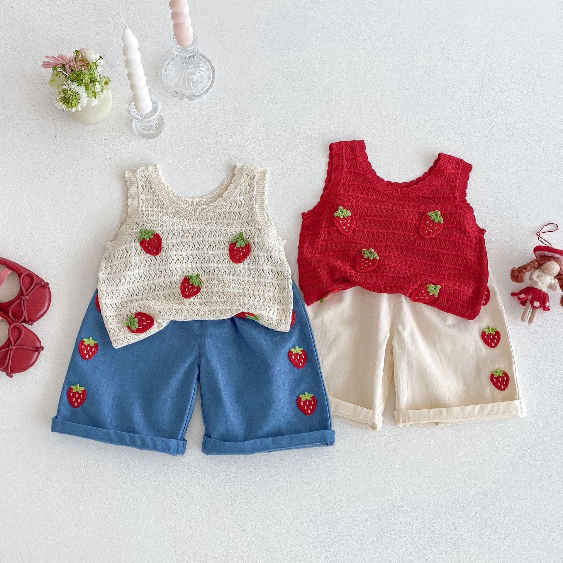 Girls' Ice Silk Vest 2026 New Summer Baby Cute Patch Strawberry Vest Children's Korean Style Casual Pants