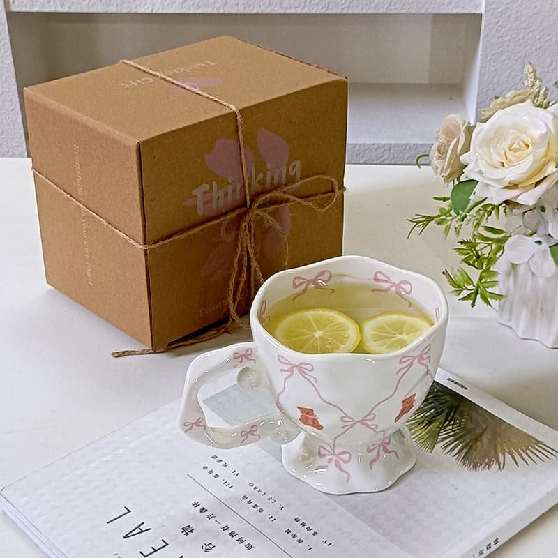 Korean pink ribbon girly heart bow bear ceramic cup high-looking lace tall mug coffee cup