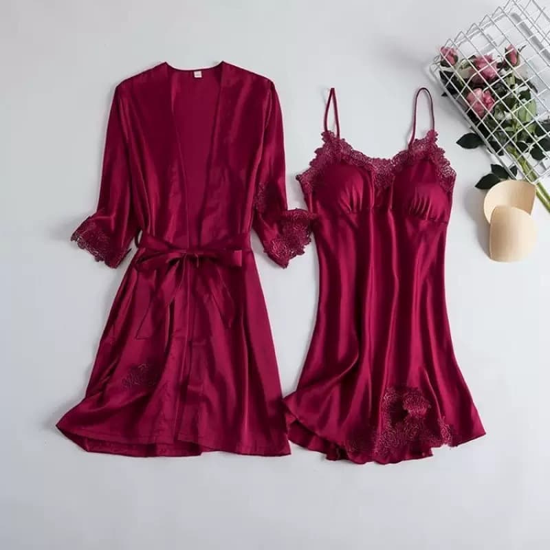 Sexy Two-Piece Pajama Set with Built-in Bra, Lace Chemise Nightgown, European-American Style Sexy Robe for Women, Black