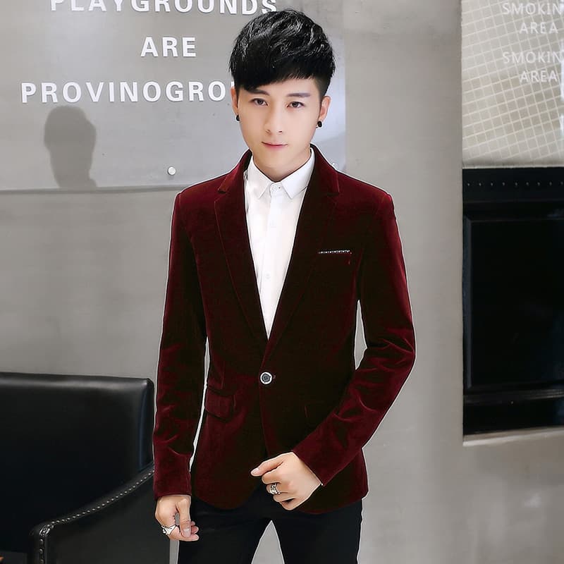 Velvet Slim Fit Blazer for Men Korean Style Winter Jacket with Lining Thickened Casual Velvet Top