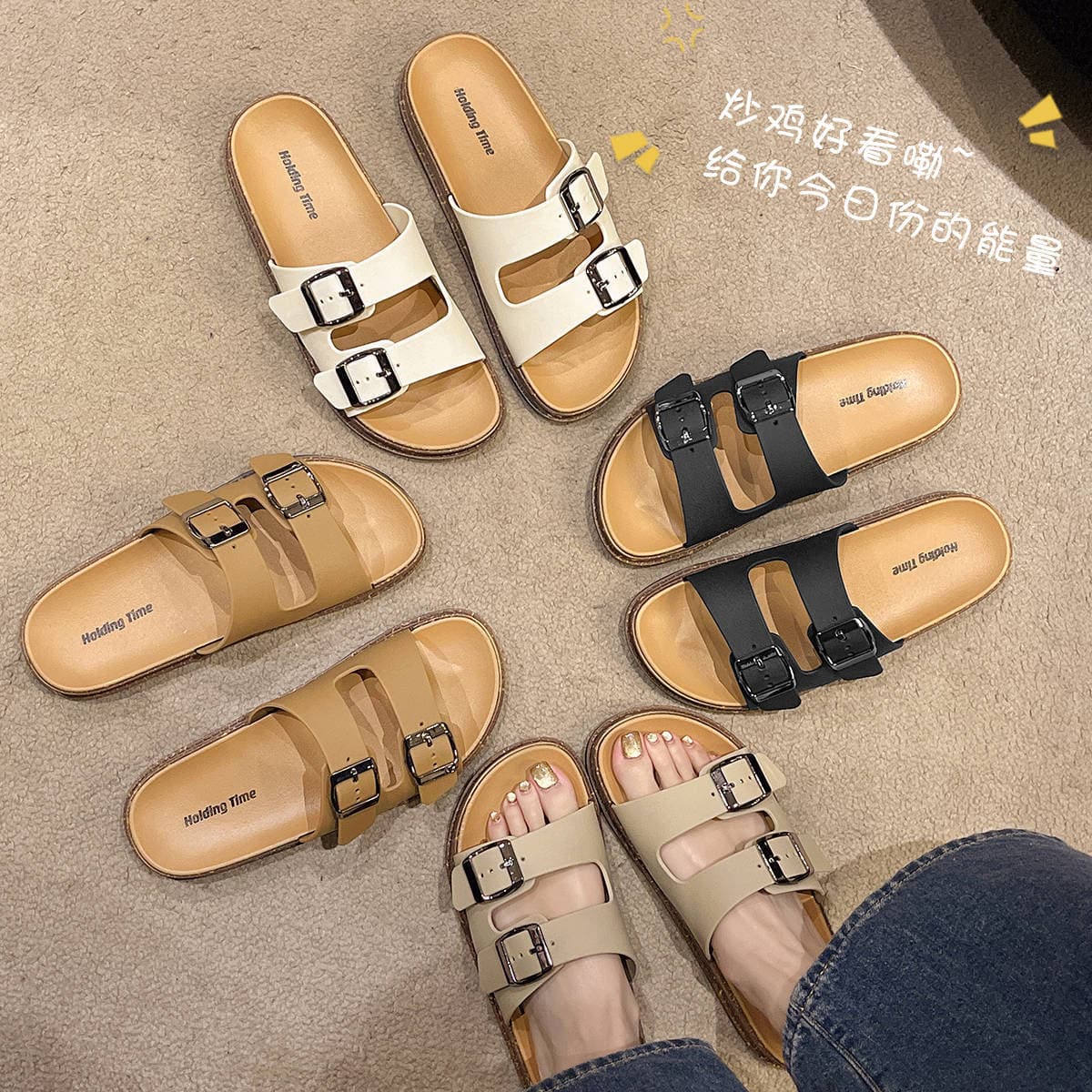 Cross-border Explosive Double Belt Birkenbone Slippers Women's Summer Outer Wear New Adjustable Slides Soft Bottom Fashionable Flat Sandals