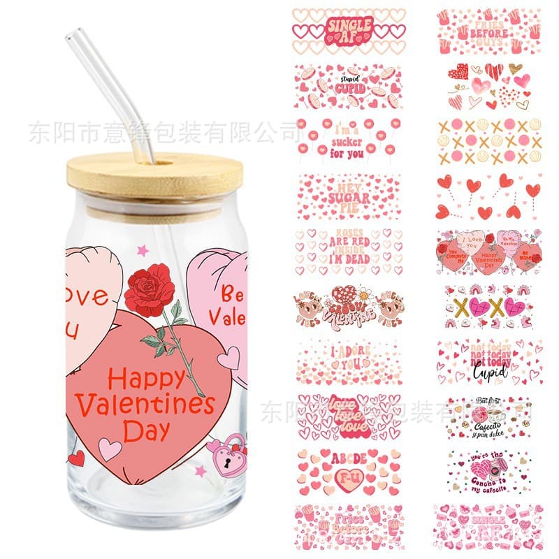 Valentine's Day UV DTF Crystal Clear Sticker Love Heart Rose Mason Jar Decoration Scratch-Resistant Cross-Border Wholesale