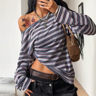 2026 European and American Cross-Border Women's Clothing Amazon Independent Station TK New Autumn Winter Striped Loose Off-Shoulder Long Sleeve T-Shirt