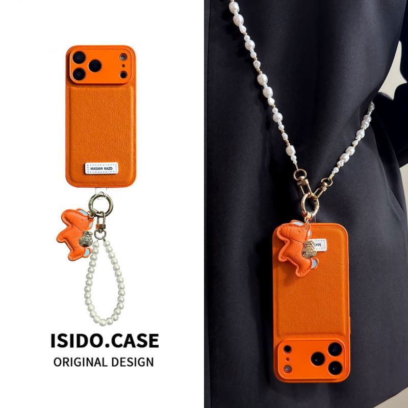 Simple High-End Orange Leather Texture 17ProMax Pearl Cross-Body iPhone 15 Phone Case Suitable for Apple 16 Women 17